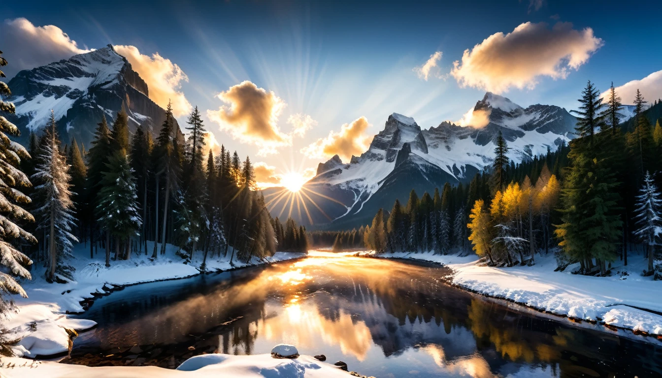 a National Geographic nature shot of a snowy mountain, the sun rises, (the transition between night and day: 1.3), the snow forest mountain range, the forest in the mountains, there pine trees, snow, a river flows between the mountains, the forest is reflected in rays of sunset in river, divine rays, some clouds, sun rays, some stars,  (highest quality:1.2, Very detailed, up to date, Vibrant, Ultra-high resolution, High Contrast, masterpiece:1.2, highest quality, Best aesthetics), best details, best quality, highres, ultra wide angle, 16k, [ultra detailed], masterpiece, best quality, (extremely detailed: 1.5), aetherpunkai, Cinematic Hollywood Film style, ladyshadow