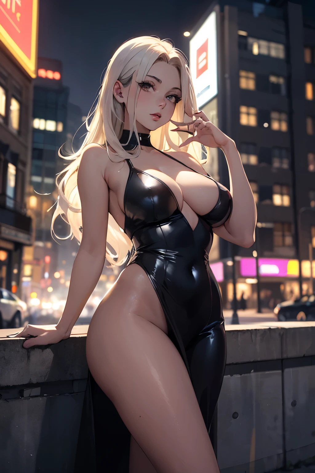 masterpiece, best quality, shadows, perfect hands, perfect legs, perfect anatomy, pretty face, mature features, 1 girl, 21 years old, mature woman, cat girl, sexy black dress, city night background, white long hair, thighs, ass, breast, seductive, spicy, posing, cinematography lights,