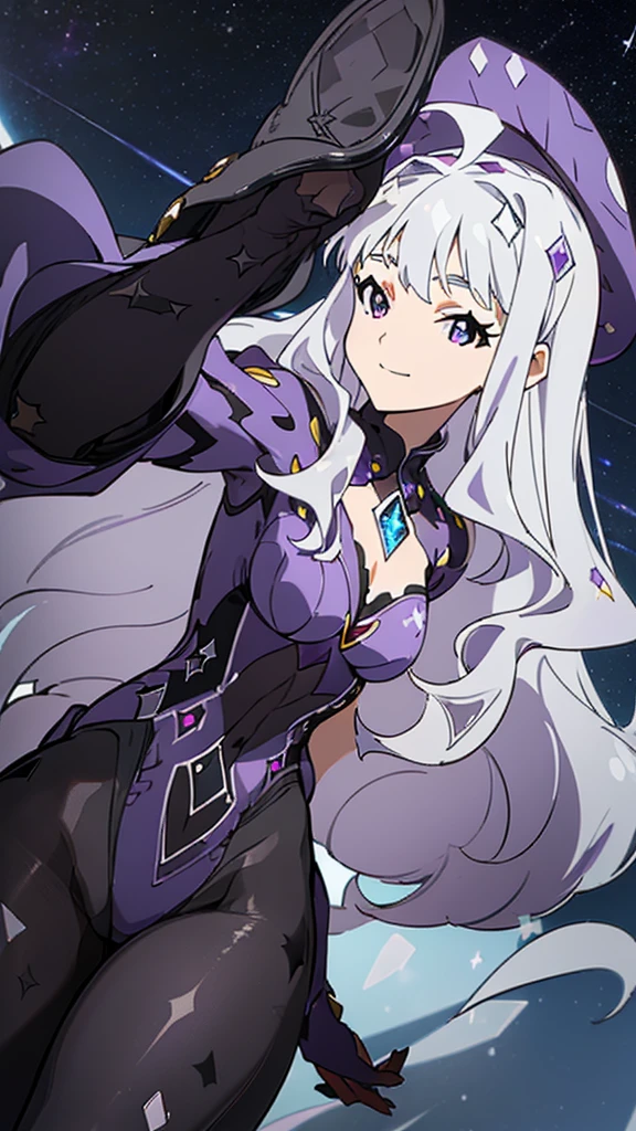 CG, unity, 8k, wallpaper, highest quality, masterpiece, beautiful woman, takane shijou, long white hair, white skin, Cleavage, cowboy shot, (smile: 1.2), (looking at the viewer), pinch the brim of a hat, (black pantyhose with diamond pattern: 1.5), BREAK, (purple leotard: 1.5), witch's tricorn hat, thighs, best lighting, complex pupils, complex textile, realistic skin texture, detailed background, (Spectacular starry sky with the Milky Way visible), nebula, night, (low angle: 1.5)