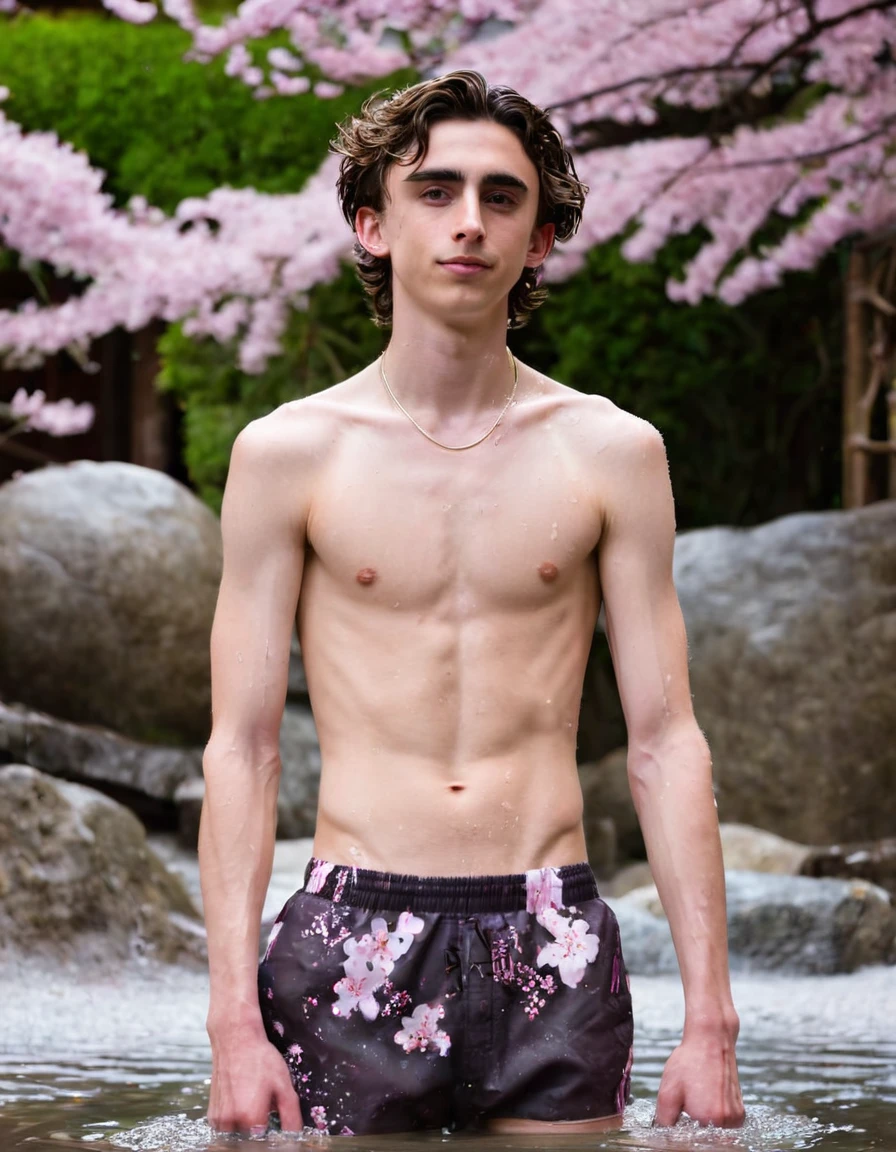 Timothée Chalamet, sweaty  boy, in water, in japanese sakura cherry blossom onsen, no clothing, far from camera, whole body, braces, age 19, wavy tiktok hair, boxer, bare feet, wearing no t-shirt topless, japanese onsen temple, short fine armpit hair, flexing, veiny arms, cute, tall, lean, not muscular, wispy pubes, muscular teen masterpiece, high resolution, feet visible, no shoes, very dirty feet, skinny, tall, foot fetish, tall boy, teen boyaces, best quality, sticky armpit hair, sticky, glue on floor, wet floor, sticky clothes, drops on underwear, drops on shorts, sticky on shorts, drops on floor, sweaty face, sweaty hair, Dune by Herbert, Science fiction