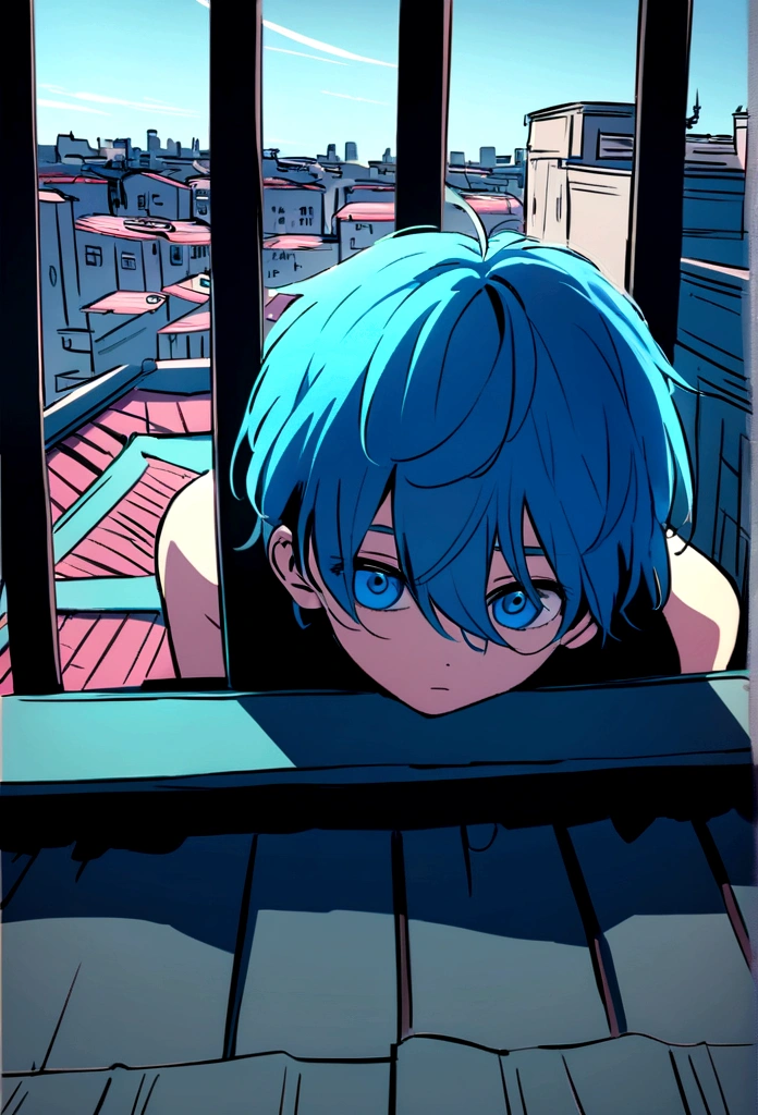 we see a 15-year-old boy, Long blue hair from splendid to the camera standing Shirtless 15-year-old boy looks at a city fence from the top of the school roof Sadly pensive, su cabello es de color azul, lo vemos desde la espalda