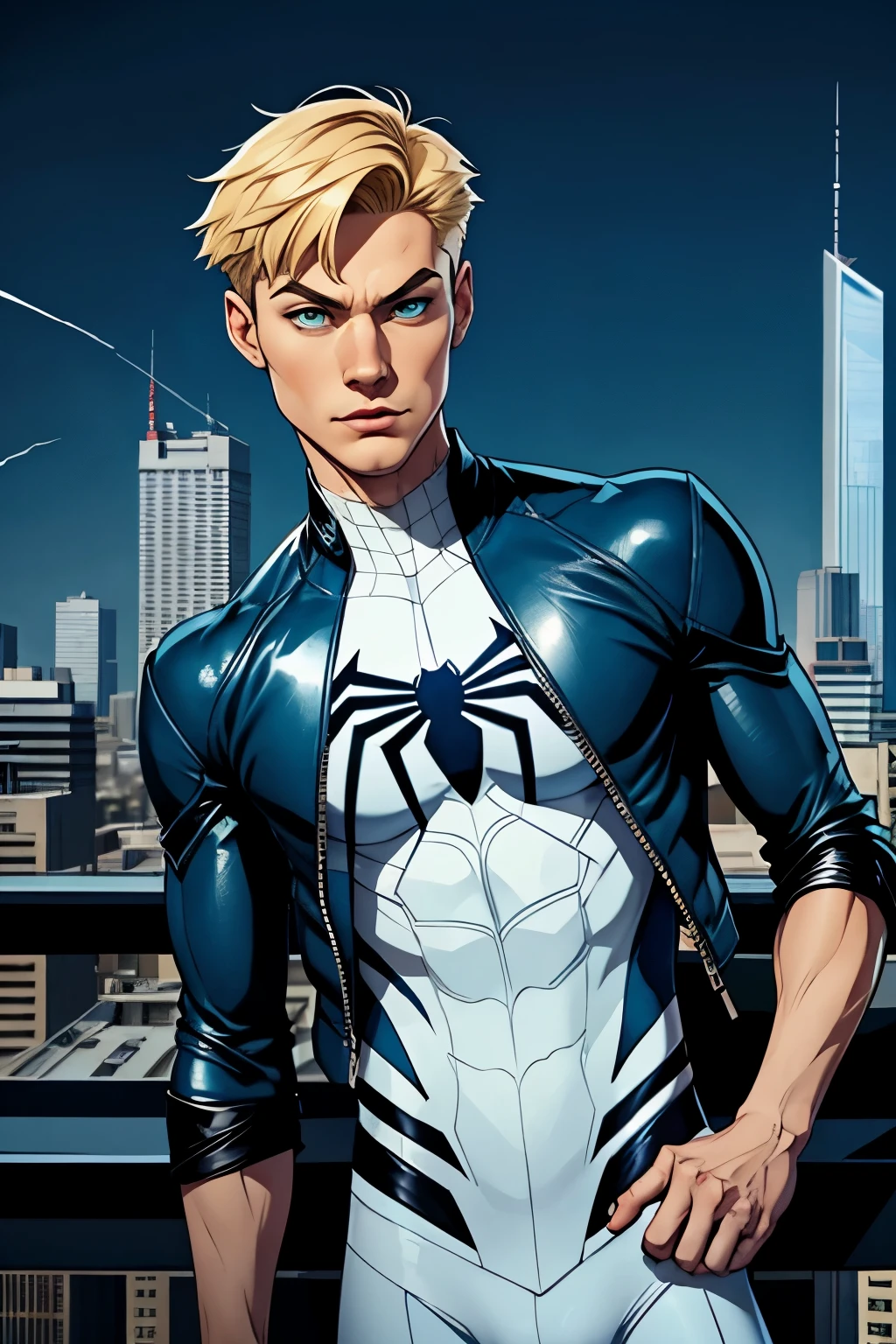 thin boy,with a face of harmonious features,green eyed,round and asian,short mullet cut,blonde hair with dark blue painted ends,with a white spiderman suit with the dark blue spider and with a wide leather jacket,on top of a very tall building with the city in the background