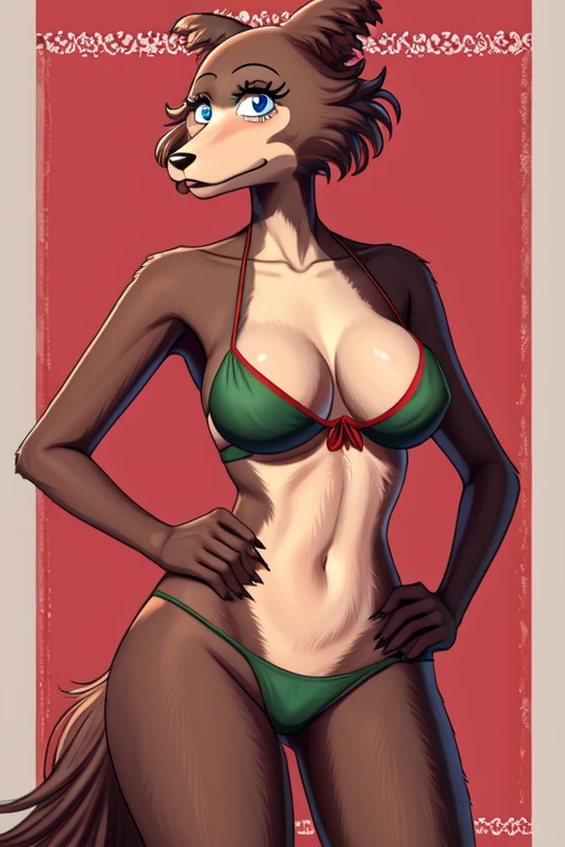 Beastars art style, beastars, Juno wearing a Christmas bikini, brown wolf, she Wolf, 1girl, furry, long curly brown fur, slim figure, blue eyes, wide hips, medium breasts, hands on hips, three-quarter view