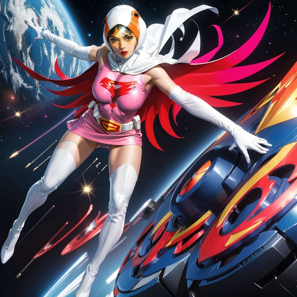 ANI_CLASSIC_jun_gatchaman_ownwaifu,1girl, ****,good anatomy, masterpiece, best quality,realistic, hyper realistic, 16k hdr, long hair,breasts,lips,large breasts,lipstick,makeup,gloves,cape,helmet,belt,elbow gloves,white gloves,mask,ultra miniskirt,leotard,spacesuit,white tight overknee highheels boots,pink dress,superhero,bodysuit,cleavage,erected nipples,(kick ass poses),cameltoe