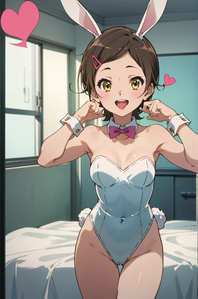 solo, 1girl, , hazuki katou, ,medium breasts,,bunny girl,bunny suits,leotard,,rabbit ears,my room,open mouth,tongue,,looking viewer,happy smile,lovely,cute,spoken heart