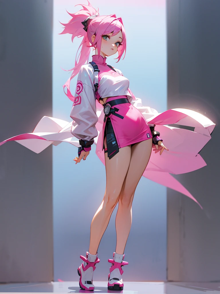 One Barbie, ((Full body)), Blue eyes, Smiling face, Hair loss swaying in the wind, Hip Hop Singer Pose, Dressed in hip-hop style, Wearing a pink kimono that reflects light,swarovski,pasties,With a pink bow on the arm, Fashion, Extremely high quality, high details, 8K, clean back ground, in studio, ((Full body shot)),Align your fingers neatly,Accurate Hand Modeling,wave her hand,