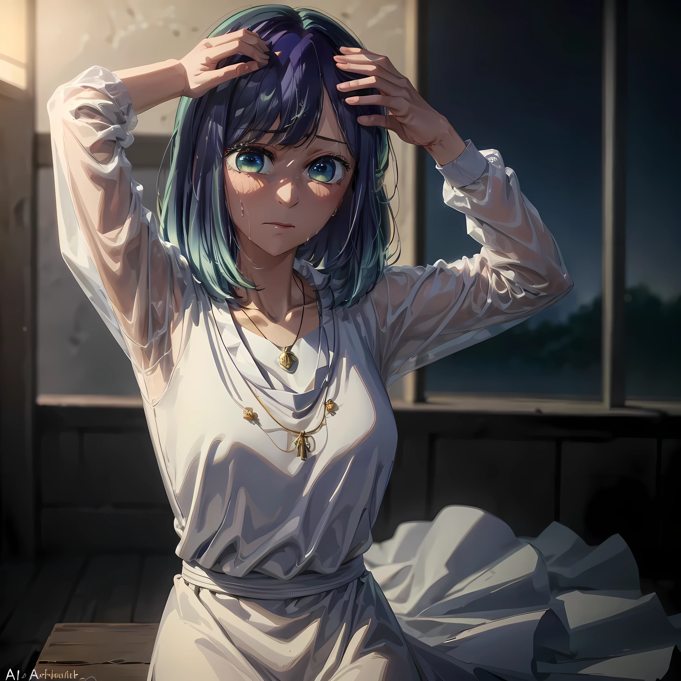 best quality, Masterpiece, high resolution, 1 girl, Chinese dress, hair ornament, necklace, jewelry, beautiful face, upon_body, Tyndall Effect, Photorealistic, dark studio, edge lighting, two tone lighting, (highly detailed skin :1.2), 8k hd, DSLR, soft lighting, high quality, volumetric lighting, candid, photography, high resolution, 4k, 8k, bokeh, tall body, tall, long legs, mature woman, mature, adult, , eft_oshi_akane, alone, 1 girl, blue hair, white shirt, looking at viewer, medium hair, shawl, red dress, bangs, closed mouth, green eyes, hair multicolored, short hair, hand up, sweat, etallxpressionless, faded hair, blue eyes, more details XL