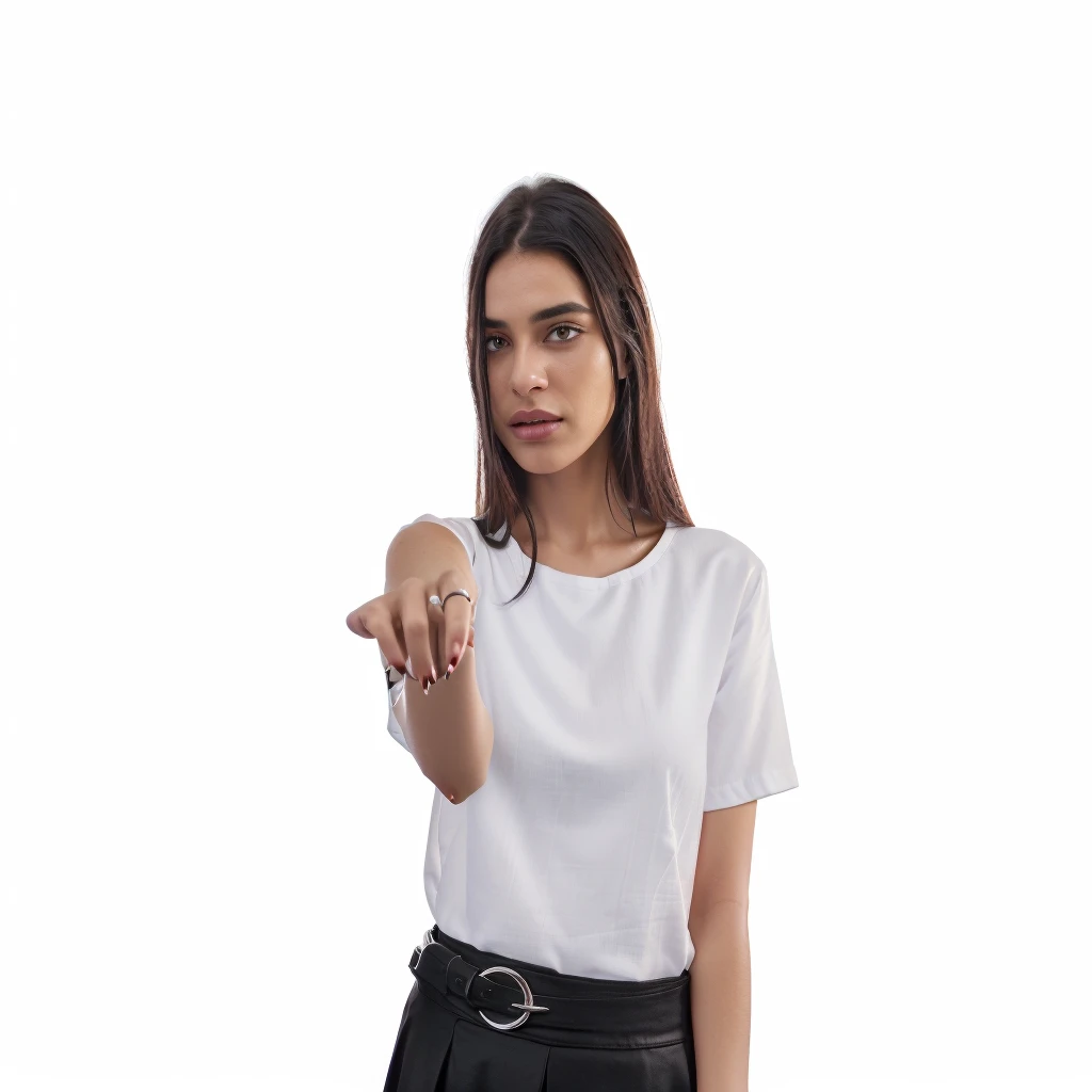araffe woman with white shirt and black skirt calling with her hand, standing with black background, in front of a black background, offering the viewer a pill, with black background, emanating magic from her palms, on a black background, photo of a hand jewelry model, on black background, shot on canon eos r5