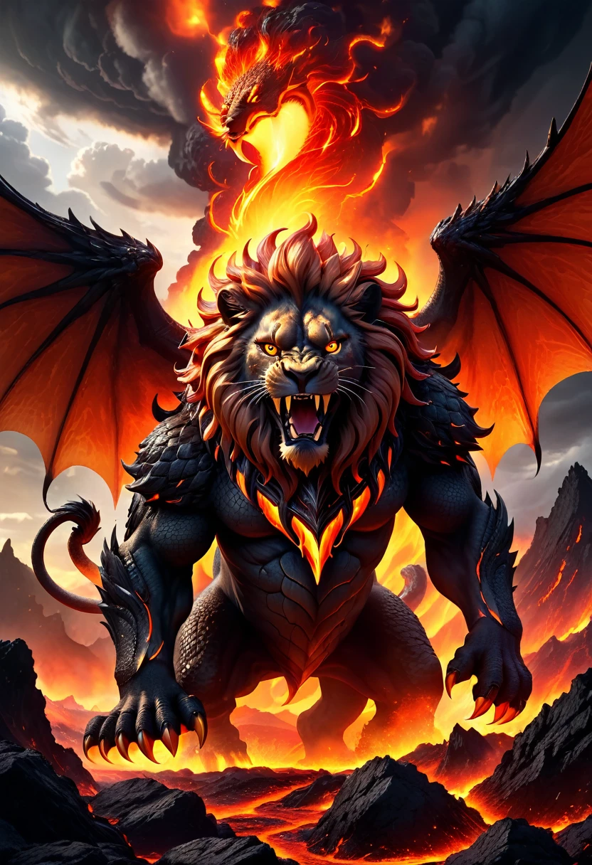 creature has the body and mane of a lion, with large, fiery wings similar to those of a dragon, body is adorned with dark, molten scales that glow with fiery cracks, giving it an appearance of being forged from lava and fire, The creature has an aggressive and roaring expression, with glowing, fiery eyes that emit an intense light, stands on a rocky, volcanic landscape with molten lava and smoke rising around it, contributing to the creature's fiery and intimidating presence, The sky above is stormy, filled with dark clouds, adding to the dramatic and otherworldly atmosphere of the scene