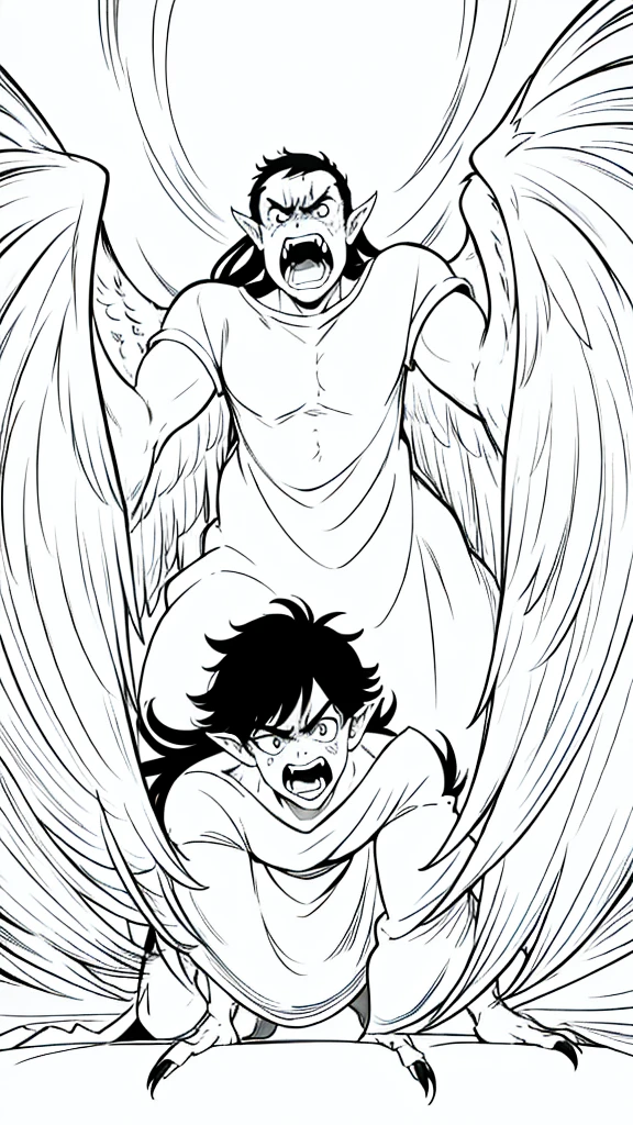 1man,40s,mature male,angry,open mouth,fangs,((wild)),long hair,black hair,pointy ears,harpy,wings,no arms,(white background,line drawing),from below,wild,scare,looking to view,torn clothes,leaning forward,extreme wide angle, Ground view,standing on one leg, (from bottom,from below:1.25),close-up,portrait