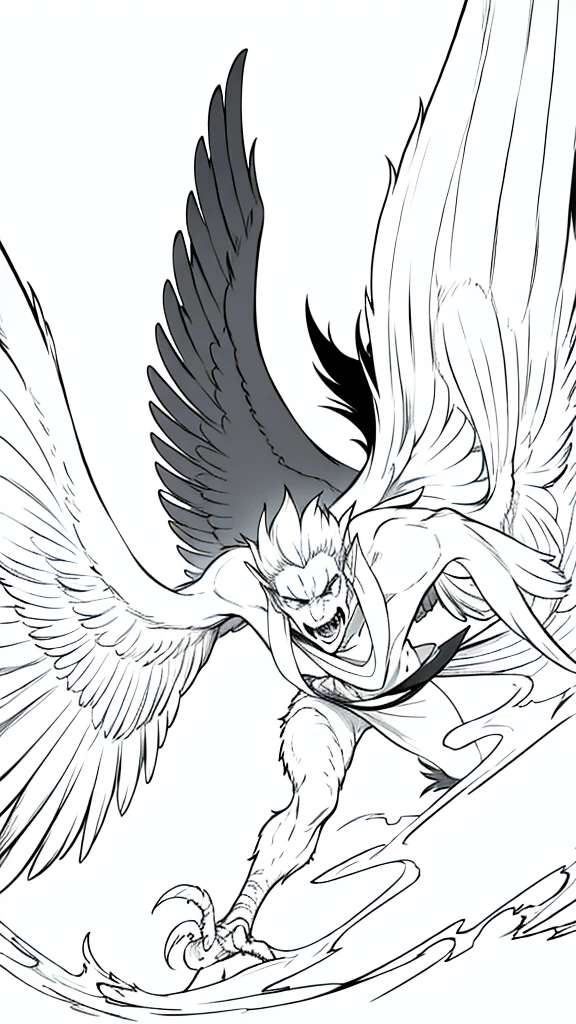 1man,40s,mature male,angry,open mouth,fangs,((wild)),long hair,black hair,pointy ears,harpy,wings,no arms,(white background,line drawing),from below,wild,scare,looking to view,torn clothes,leaning forward,extreme wide angle, Ground view,standing on one leg, (from bottom,from below:1.25),close-up,portrait
