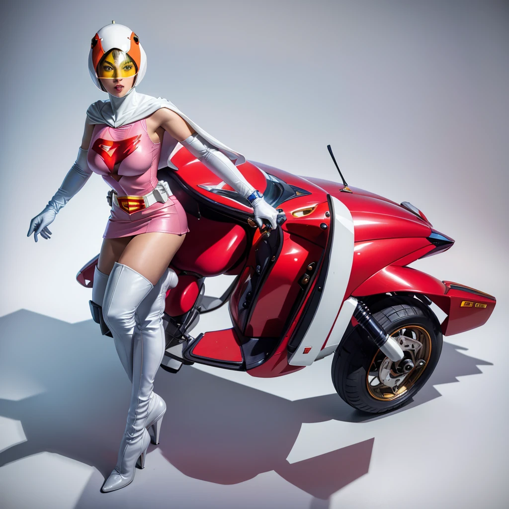 ANI_CLASSIC_jun_gatchaman_ownwaifu,1girl, 15yo,good anatomy, masterpiece, best quality,realistic, hyper realistic, 16k hdr, long hair,breasts,lips,large breasts,lipstick,makeup,gloves,cape,helmet,belt,elbow gloves,white gloves,mask,ultra miniskirt,leotard,spacesuit,white tight overknee highheels boots,pink dress,superhero,bodysuit,cleavage,erected nipples,(stand pose,hands on hip),(spread legs:1.1),cameltoe