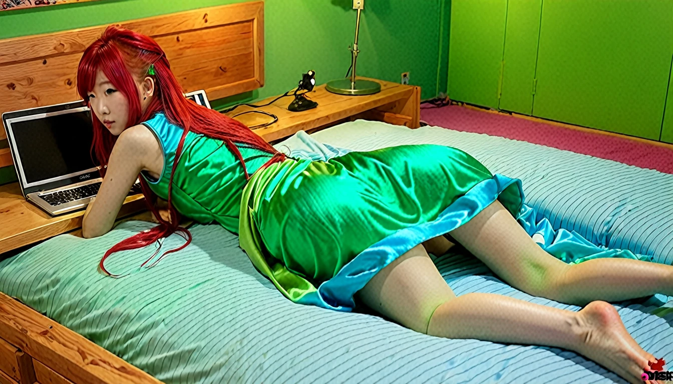 Uhd, photo of Cami, subject: Noriko, 1/2 Japanese 1/2 Hainu skinny girl with long red hair lying in a bed using the portable computer placed in front of her on the bed, viewed from behind, blue+++ eye, LGBTQIA+, queer, punk style, wearing green long nightgown. Background: wooden bedroom.