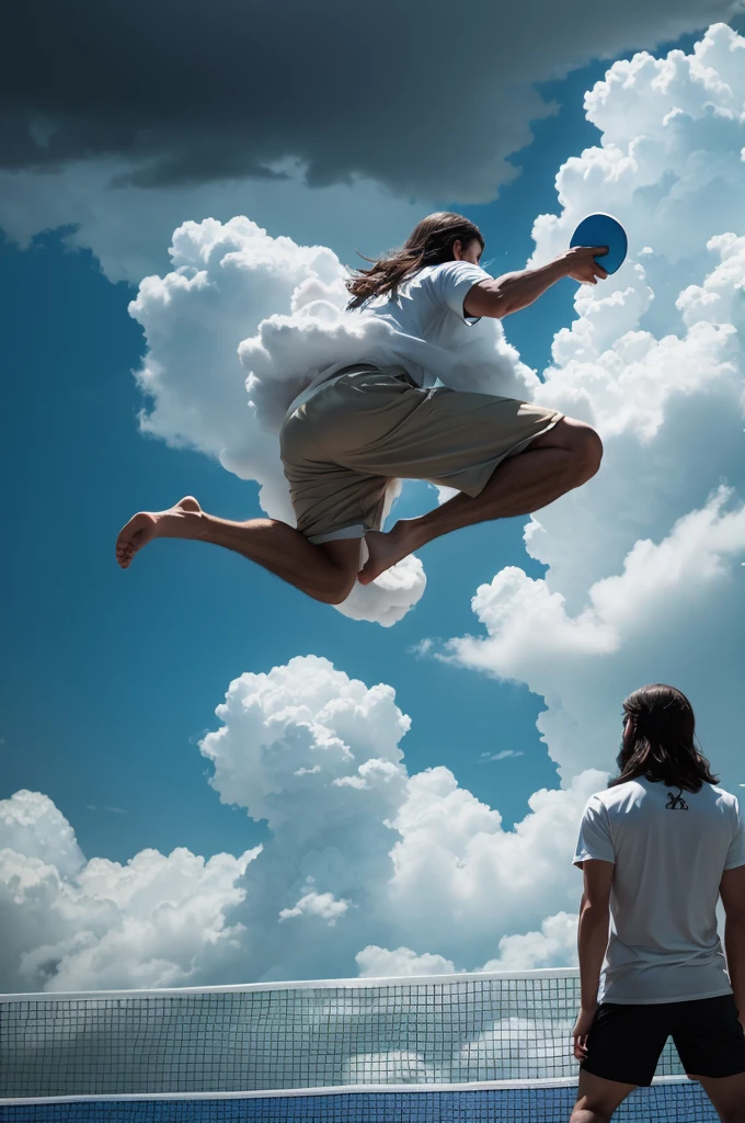 Create an image of Jesus and God playing ping-pong on top of a cloud and thunder falling from the cloud