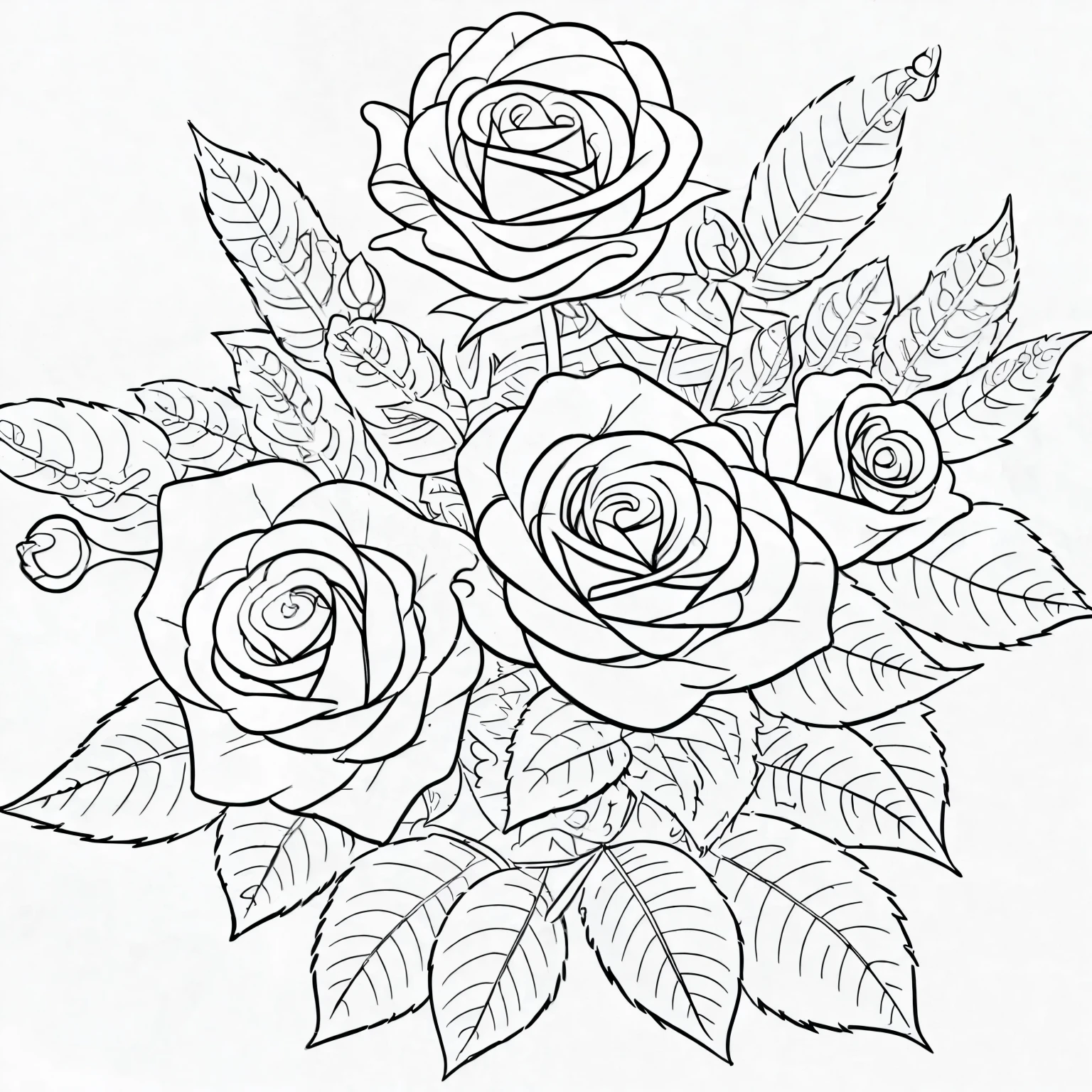 Generate a delightful 2D line art illustration for a ' coloring book featuring a charming single rose flower. The design should be simple and engaging, with clear outlines and large areas for coloring. Include a friendly and playful element like a side view and leaves. line art, 2d,