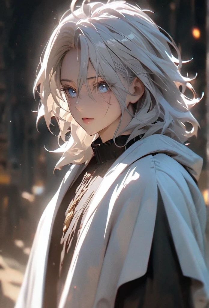 (solo), white hair, messy hair, mane hair, short hair, dense hair, wild hair, expressive hair, mature,(25 year old), pale skin, blue eyes, ((male)), wearing a black shirt, wearing a white cloak,, handsome, attractive, eye reflection, depth of field, thunder aura,cinematic lighting, ray tracing, depth of field, cinematic lighting, ray tracing, UHD, high details, best quality, highres, high quality, award winning, super detail, masterpiece, 8k, UHD, high details, best quality, highres, high quality, award winning, super detail, masterpiece, 8k, digital art, anime coloring, full body shot, body shot, good face, perfect face, detailed face, good eyes, looking towards the screen.