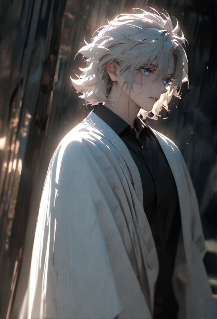 (solo), white hair, messy hair, mane hair, short hair, dense hair, wild hair, expressive hair, mature,(25 year old), pale skin, blue eyes, ((male)), wearing a black shirt, wearing a white cloak,, handsome, attractive, eye reflection, depth of field, thunder aura,cinematic lighting, ray tracing, depth of field, cinematic lighting, ray tracing, UHD, high details, best quality, highres, high quality, award winning, super detail, masterpiece, 8k, UHD, high details, best quality, highres, high quality, award winning, super detail, masterpiece, 8k, digital art, anime coloring, full body shot, body shot, good face, perfect face, detailed face, good eyes, looking towards the screen.