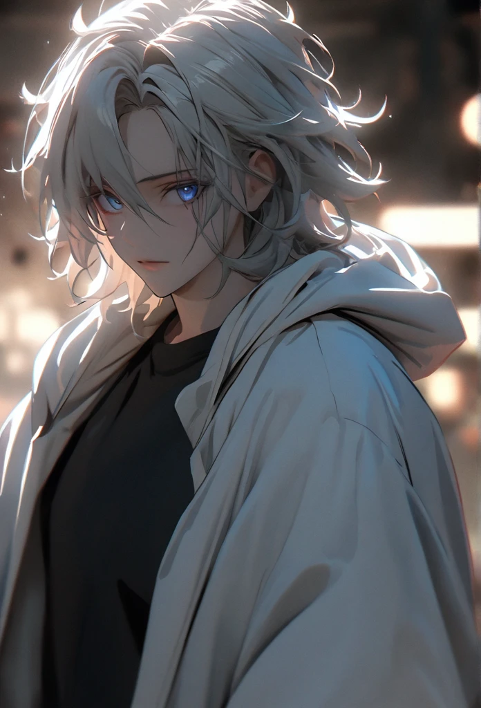 (solo), white hair, messy hair, mane hair, short hair, dense hair, wild hair, expressive hair, mature,(25 year old), pale skin, blue eyes, ((male)), wearing a black shirt, wearing a white cloak,, handsome, attractive, eye reflection, depth of field, thunder aura,cinematic lighting, ray tracing, depth of field, cinematic lighting, ray tracing, UHD, high details, best quality, highres, high quality, award winning, super detail, masterpiece, 8k, UHD, high details, best quality, highres, high quality, award winning, super detail, masterpiece, 8k, digital art, anime coloring, full body shot, body shot, good face, perfect face, detailed face, good eyes, looking towards the screen.