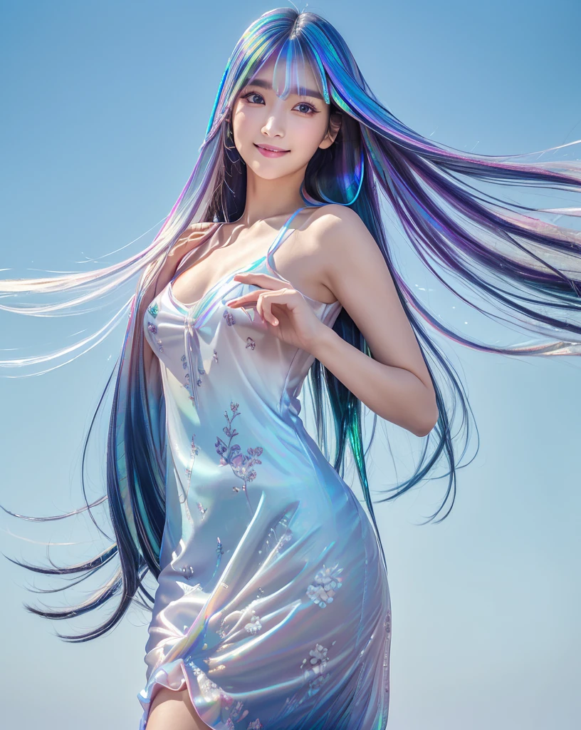 (Highest quality, 32k, High resolution, Masterpiece:1.5), marimo_jet, god々A photograph with brilliant dazzling and healing power., Evoking a sense of calm and elusive beauty, Expressing emotions, Have a rich imagination,Beautiful Japanese Girls, An exceptionally beautiful face, Small Face Beauty, Perfect Human Anatomy, Magical big eyes, Motherhood and generosity, Deep Love, fleeting smile, ((Iridescent gradient hair:1.4)), ((Super Long Straight Silk Hair:1.3)), Asymmetrical bangs, Hair between the eyes, Transparent, soft white skin, Sharp eyebrows, Thin lashes, Natural Makeup, Cheek highlighter, Pale pink detailed lips, ((Light blue floral dress:1.3)), High resolutionの完璧な鎖骨, High resolutionの美しい胸元, Slim figure with ample breasts, High resolutionの美しい太もも, ((Detailed blue sky background:1.2)), Professional Lighting, Professional photographer, Professional models, god秘的