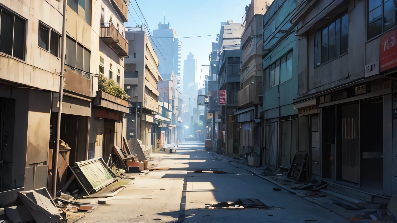 street view of a destroyed city, anime style, cel shading, pencil sketch, fine line art, cinematic lighting