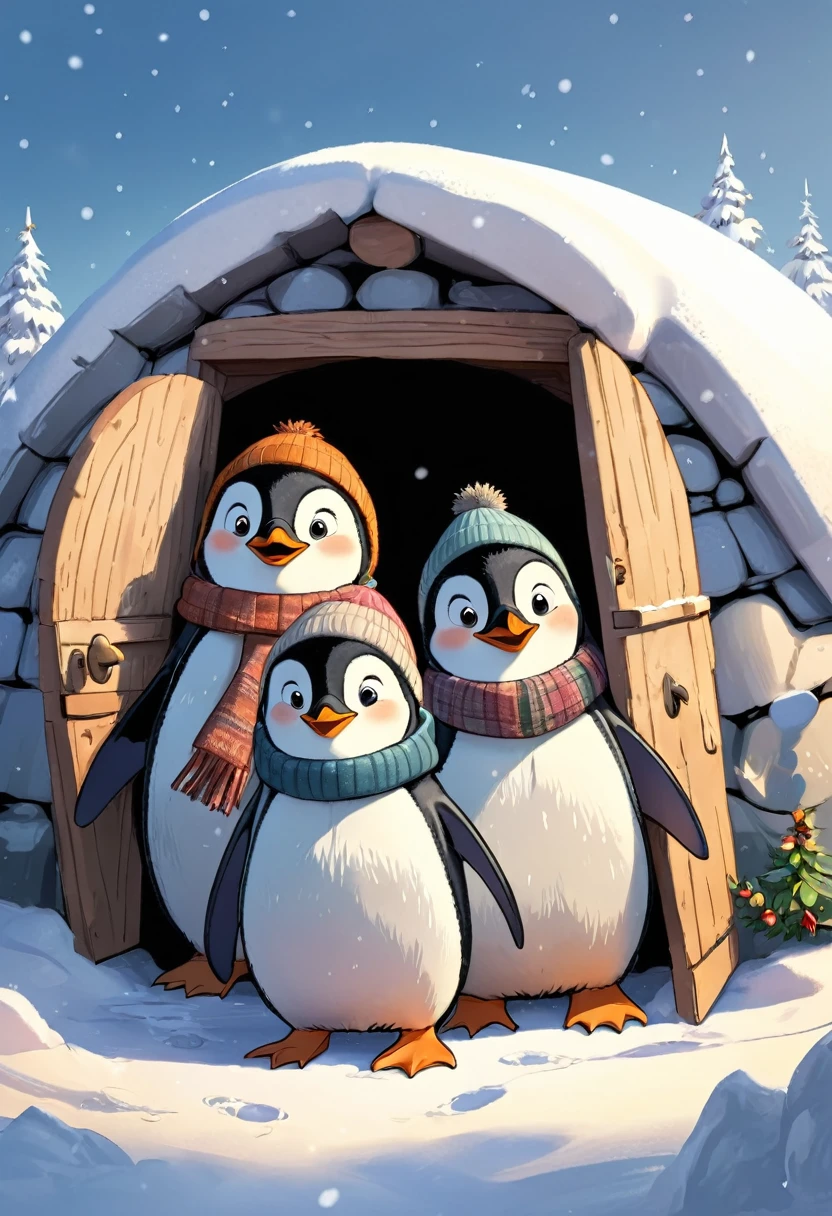  The three penguin children Fridolin, Fips and Frieda jumped out of their cozy igloo full of anticipation. The snow glittered in the sunlight and the day promised lots of fun and adventure
