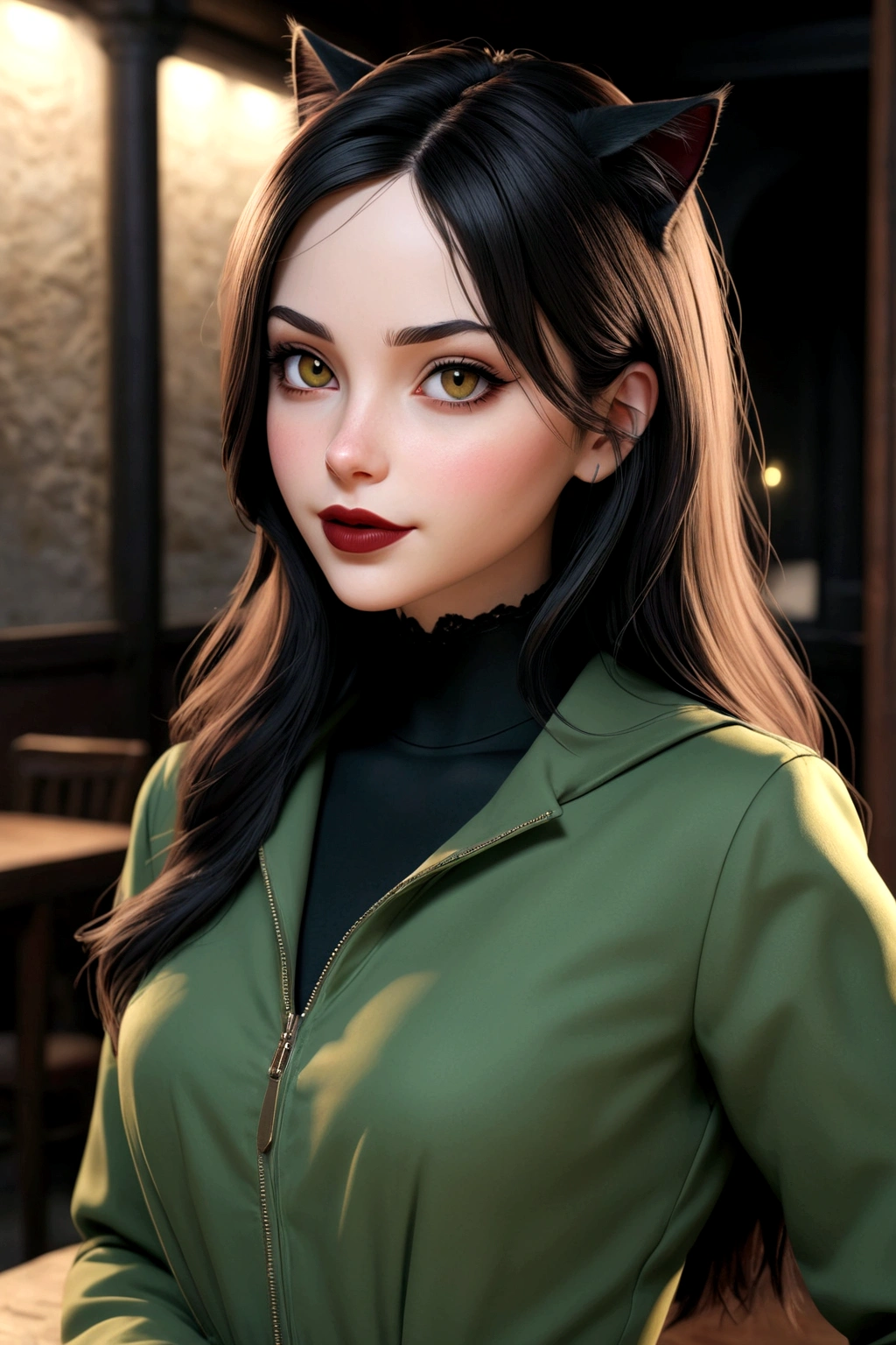 Real cartoon 3D, Masterpiece, Best Quality, 1 girl, brown eyes, green jacket, dark red lips, wide, long sleeves, black hair, goth dress, Alone, portrait, seductive smile, cat eyes, Upper part, head on