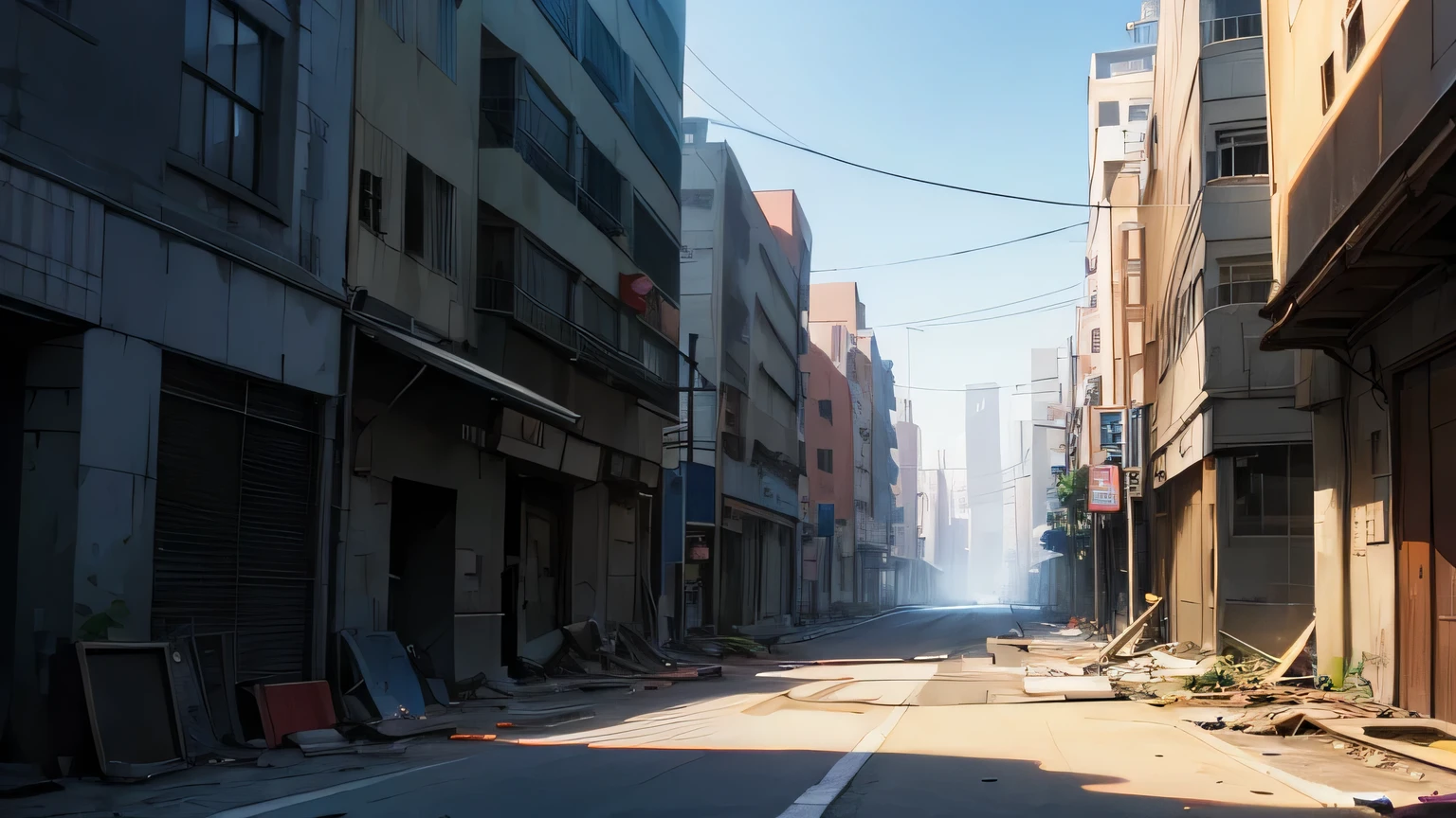 street view of a destroyed city, anime style, cel shading, pencil sketch, fine line art, cinematic lighting