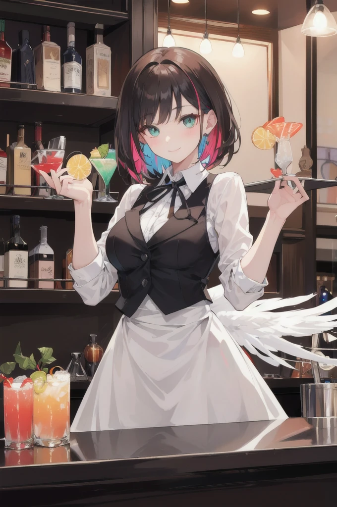 1lady standing, (holding up cocktail glass) (presenting cocktail glass toward viewers), bartender, (black vest over white dress shirt) tie, stylish outfit, mature female, /(dark brown hair/), kind smile, (masterpiece best quality:1.2) delicate illustration ultra-detailed, medium breasts BREAK (fashionable bar counter) indoors, ((cocktail glass) filled with colorful liquor), (dimly lit room), liquor bottles, detailed background
