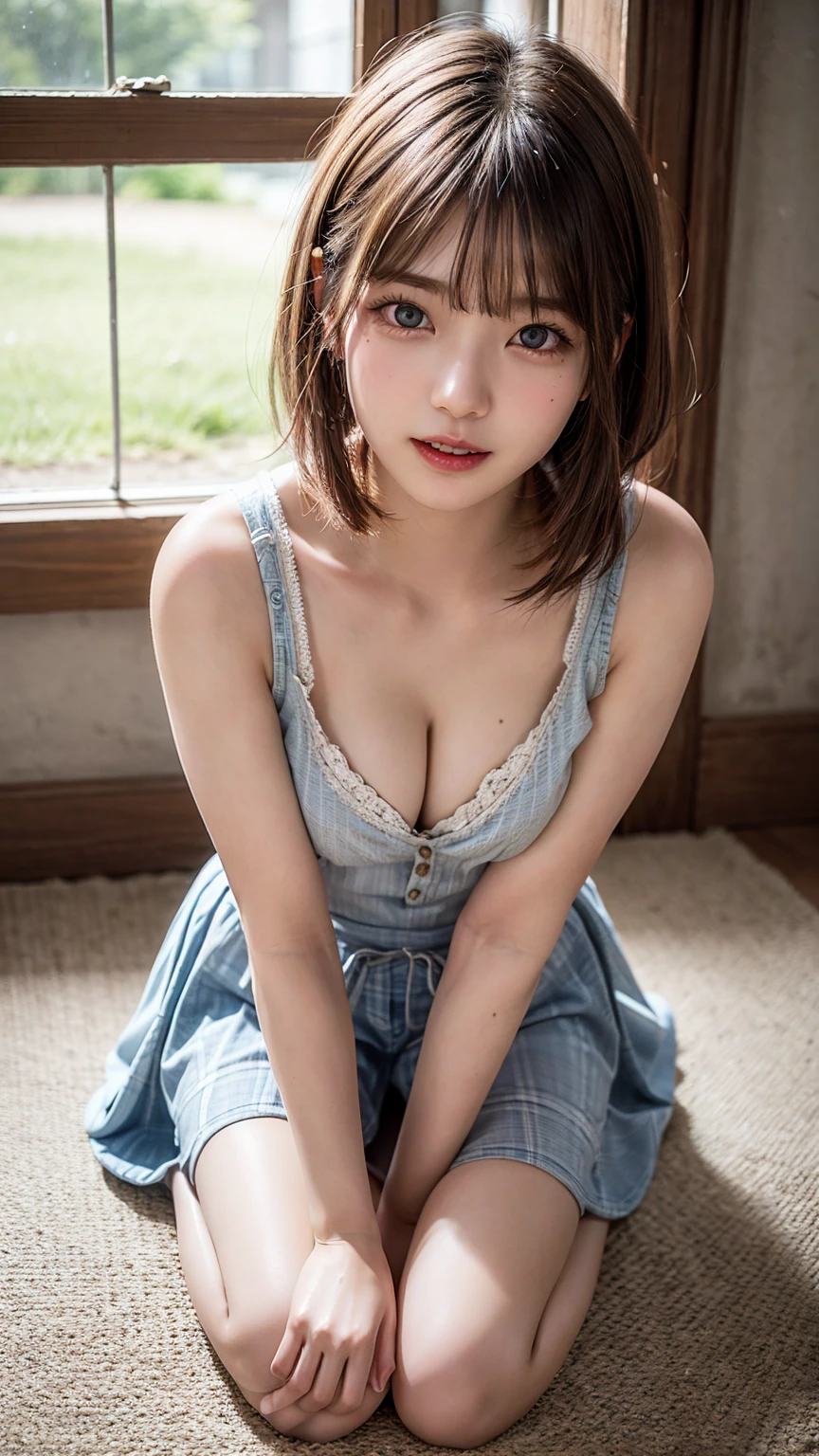 (Realistic, photo-Realistic:1.37), (masterpiece), (Highest quality:1.4), (Ultra-high resolution:1.2),(RAW Photos:1.2), (目のRealisticサイズ, Droopy eyes, Sleepy face, Angle from below, Realistic skin, Ecstasy face), Masturbation, Strong winds, Beautiful brown hair, ((Spread your legs, Expose the genitals,Shaved pussy)), (Button removed々A lightweight casual dress with a simple pattern,Off the shoulder), Bedroom, night, (((Focus on the pubic area, Between the legs))), ((night明けの暗い時間)),(Swollen areola), stream,