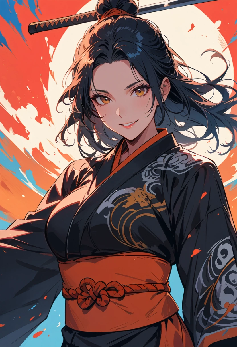 female ronin, Schwert in beiden Händen, smiling, 4k, high res, masterpiece, detailed face, illustration