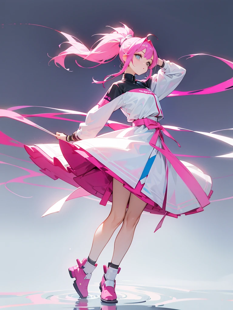 ((masterpiece, best quality, vector lines art style, clear colors, cute hlfcol haired girl with gray and pink short length twintail hair smug face stand dancing solo school girl)), (yellow painter apron, paintbrush gripping detailed hands, bare legs, white short socks, cyber sneaker, detailed hands), street wall art, <lora:hlfcol:1.5>, <lora:add_sharpness:1>, <lora:add_detail:0.5>