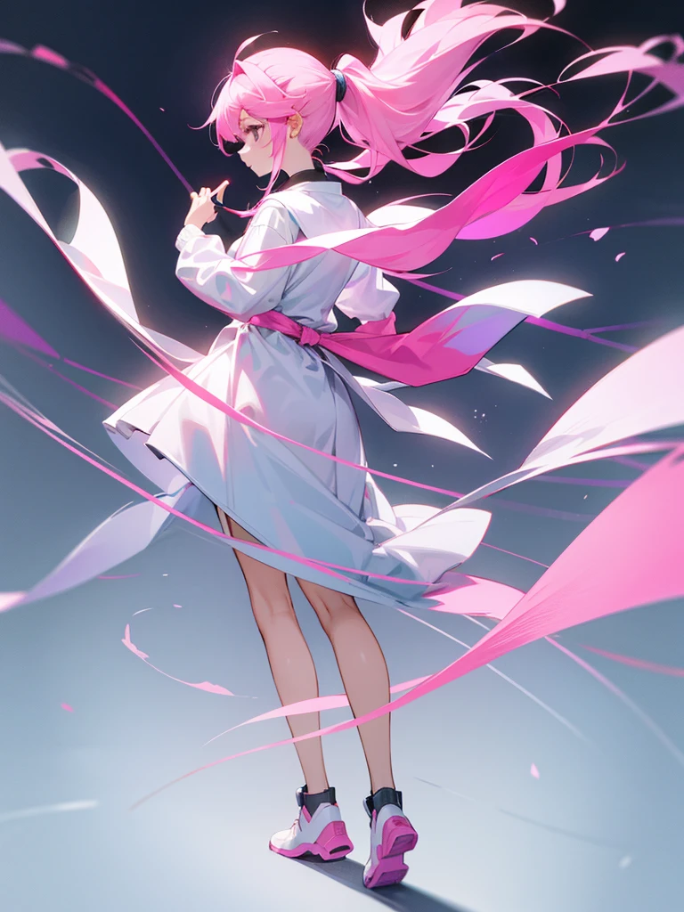 Pink hair in a ponytail。
Full body photo。
Background is white。
