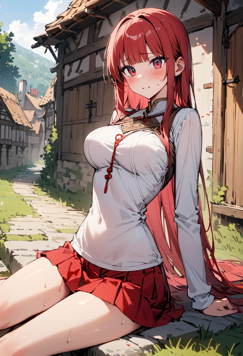 ((masterpiece,Highest quality:1.3)),1woman,30 year old beauty,独奏,((very small head:1.3)),red hair,long hair,blunt bangs,red eyes,gorgeous eyes,shy,medium breasts,((very long body:1.2)),((toned body,slender body,)),skinny,gleaming skin,shiny skin,sweat,((Red pleated mini skirt)),(White Henley T-shirt、Long sleeve),((Red itting,rural area、sunny、Medieval Europe、