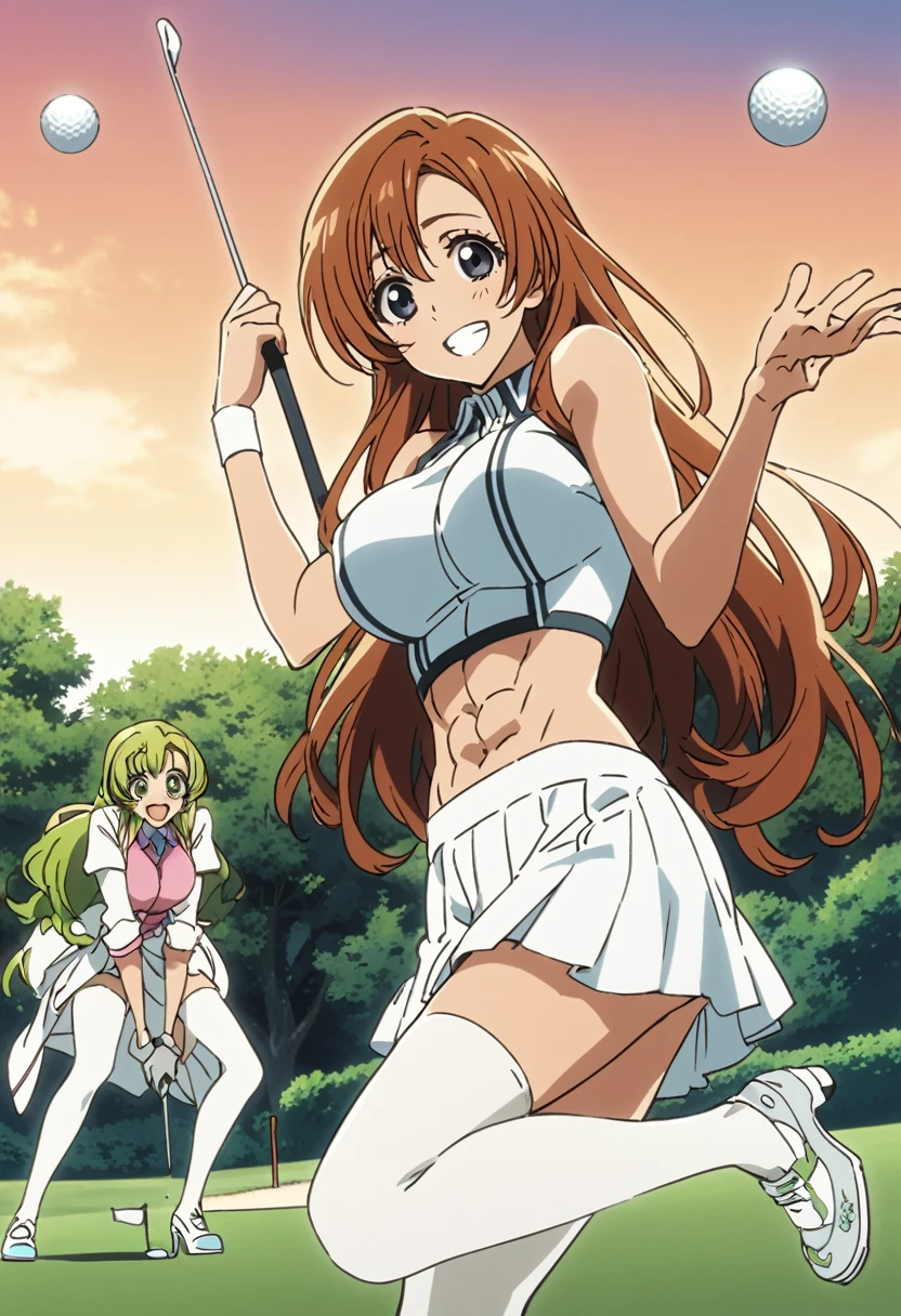 orihime inoue, mitsuri kanroji,2 characters 2 female, multiple characters, playing golf,both sexy,both perfect body,both fullbody,both smiling,both looking at viewer , both white skirt,both white heels,both white stockings,both wear topic which cover breasts and show abs,abs,shirt,nature background, laughing , touching each other