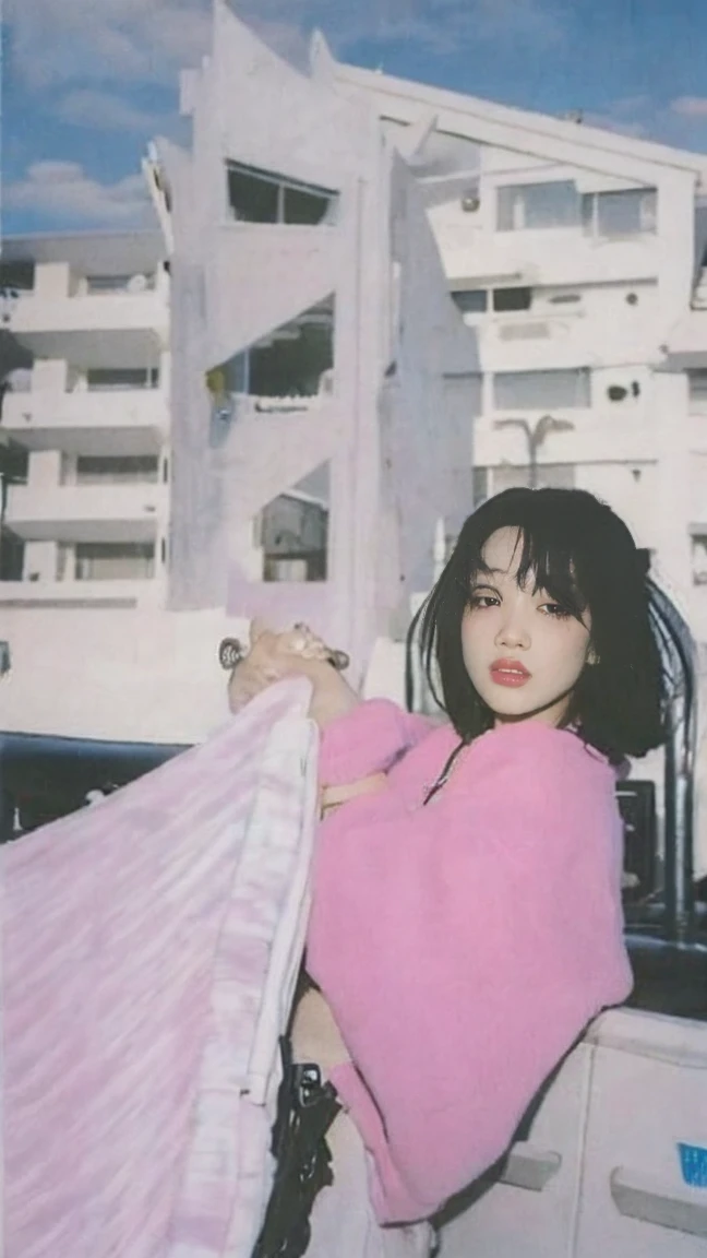 Best Quality, Masterpiece,Ultra High Resolution, (Realisticity:1.4),Original Photo, 1 Girl, light leak,dark intens shadow,wear (pink oversize bomber hoodie), wear (white short pants),black long hairstyles, plumpy body, background (80's mondrian architecture colourful motel),palm trees, sunny,summer, los Angles vibes,(from below:1.2), (realistic:1.1), (surreal:1.2), (very detailed:1.1)