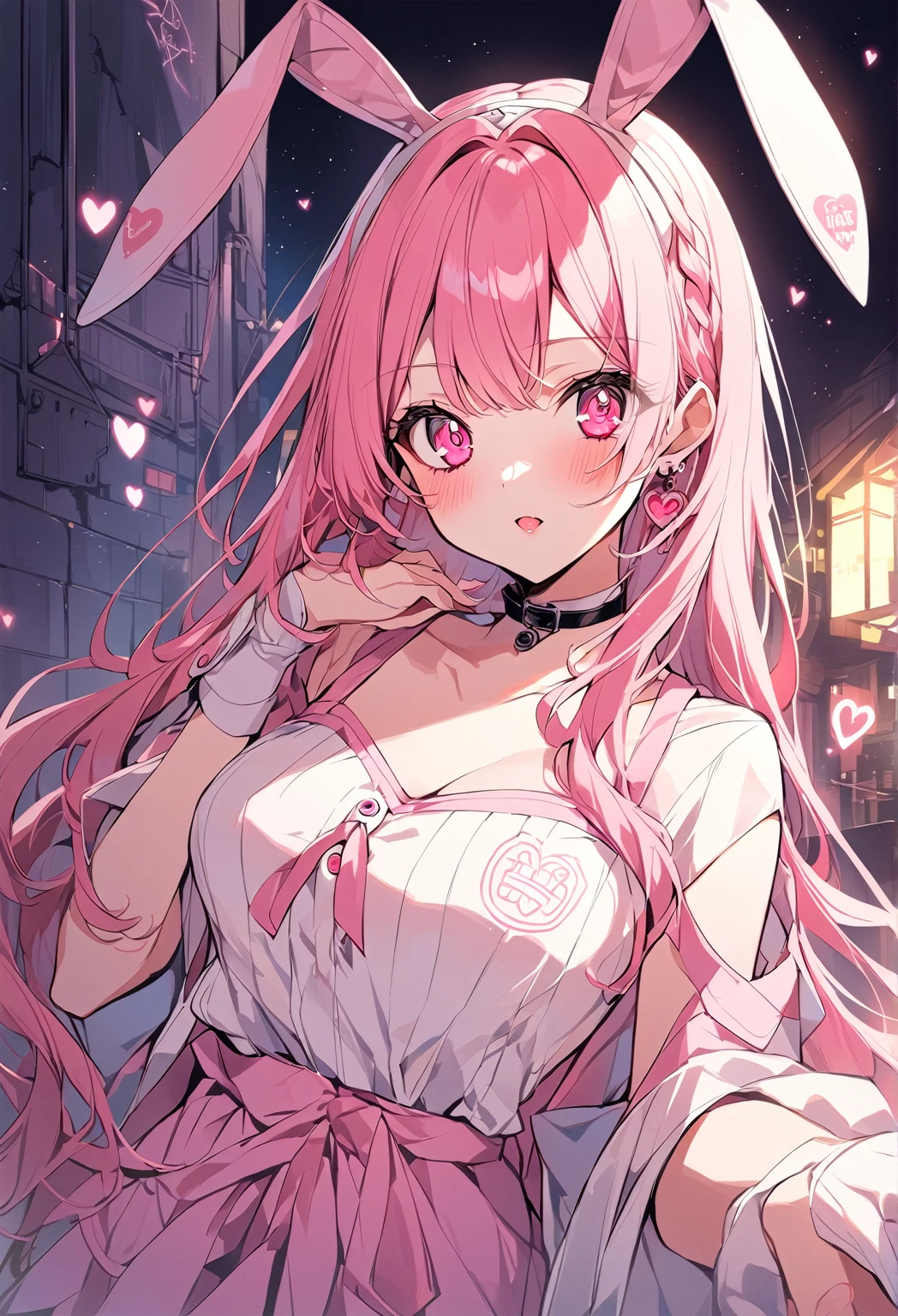1 girl, pink long hair, heart shaped eyes,Bunny ears, {Pink semi-long hair girl、 The name Nami}, (Pink eye color), {night、Night&#39;s bedroom、dark、electricity、bed、pajamas}, (smile) , mole under eye, heart shaped choker, (masterpiece, highest quality), very detailed, highest quality, official art, beautiful and aesthetic: 1.2), (1 girl), very detailed, (geometry art: 1.3), colorful, most detailed ?d1 girl, Pink semi-long hair, Eye of the symbol, {A girl with long pink bun hair The name Nami}, (Green eye color), (smile),mole under eye, heart shaped choker, (masterpiece, highest quality), official art, beautiful and aesthetic: 1.2), (1 girl), very detailed, (geometry art: 1.3), colorful