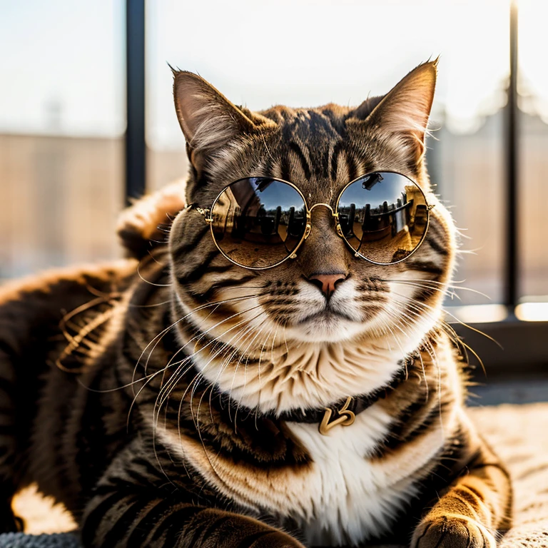 a cat wearing round sunglasses, detailed fur texture, intricate details, photorealistic, high quality, 8k, hyperrealistic, sharp focus, studio lighting, glossy reflective sunglasses, elegant pose, dynamic perspective, warm color tones, golden hour lighting