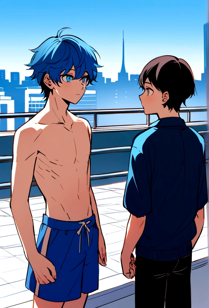 we see a 15-year-old boy, with a 15-year-old girl,15-year-old girl in bikini, 15-year-old girl next to shirtless 15-year-old boy, Long blue hair from splendid to the camera standing Shirtless 15-year-old boy looks at a city fence from the top of the school roof Sadly pensive, su cabello es de color azul, lo vemos desde la espalda