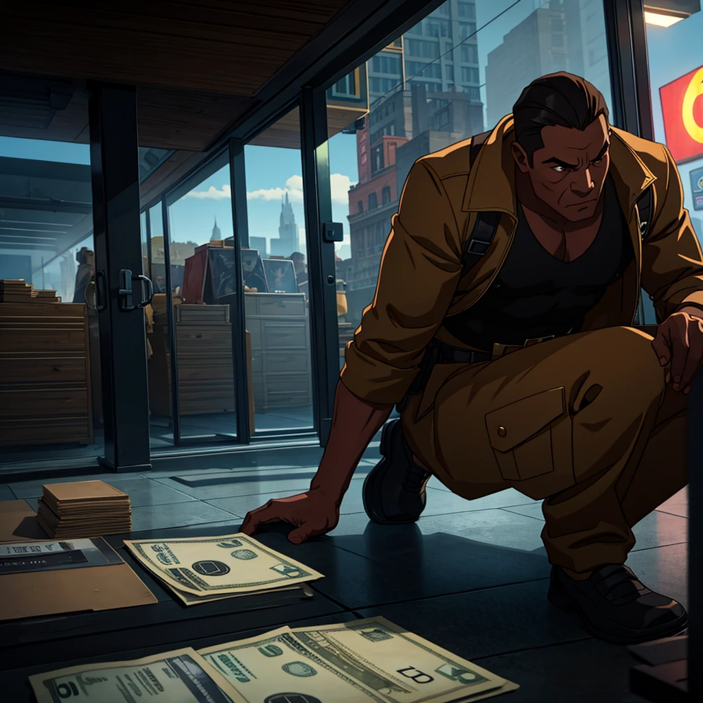 bags of cash, cinematic action, masterpiece, super detail, textured skin, atmospheric perspective,