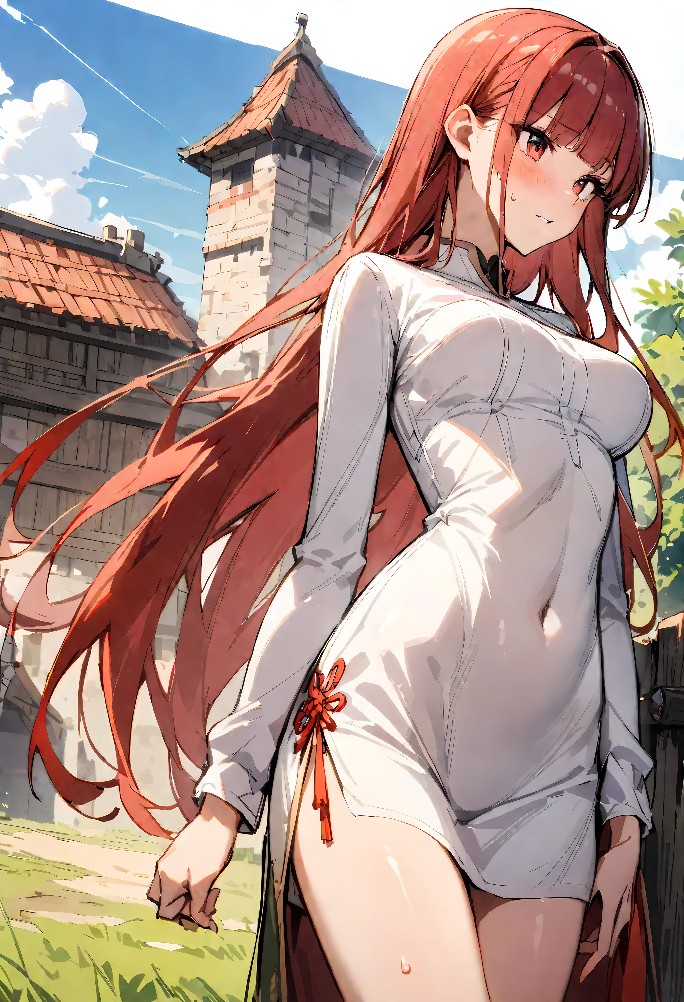 ((masterpiece,Highest quality:1.3)),1woman,30 year old beauty,solo,((very small head:1.3)),red hair,long hair,blunt bangs,red eyes,gorgeous eyes,shy,medium breasts,((very long body:1.2)),((toned body,slender body,)),skinny,gleaming skin,shiny skin,sweat,(White Henley T-shirt、Long sleeve),((Red itting,rural area、sunny、Medieval Europe、