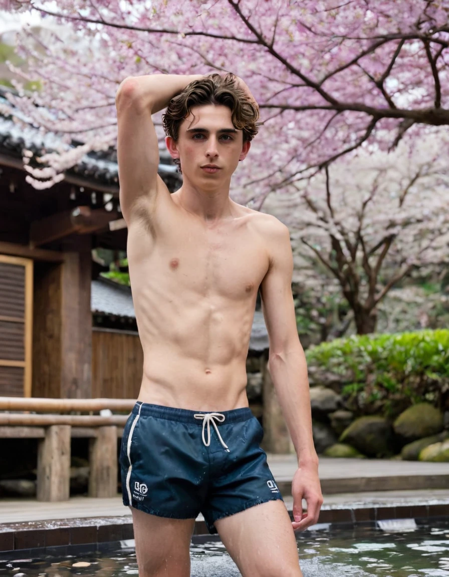 Timothée Chalamet, sweaty boy, in water, in japanese sakura cherry blossom onsen, no clothing, far from camera, whole body, braces, age 19, wavy tiktok hair, boxer, bare feet, wearing no t-shirt topless, japanese onsen temple, short fine armpit hair, flexing, veiny arms, cute, tall, lean, not muscular, wispy pubes, muscular teen boy masterpiece, high resolution, feet visible, no shoes, very dirty feet, skinny, tall, foot fetish, tall boy, teen, braces, best quality, sticky armpit hair, sticky, glue on floor, wet floor, sticky clothes, drops on underwear, drops on shorts, sticky on shorts, drops on floor, sweaty face, sweaty hair, Dune by Herbert, Science fiction