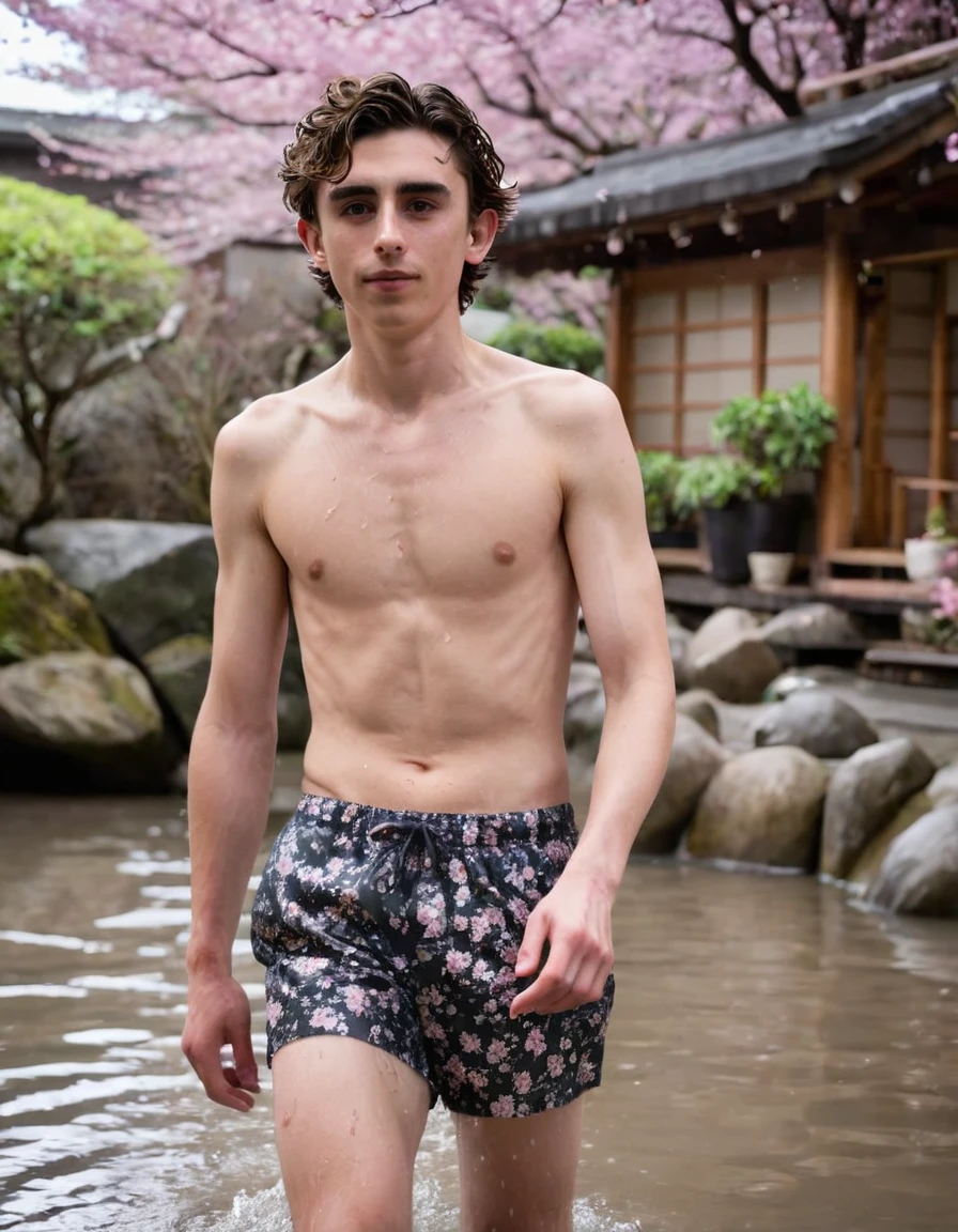 Timothée Chalamet, sweaty teen boy, in water, in japanese sakura cherry blossom onsen, no clothing, far from camera, whole body, braces, age 19, wavy tiktok hair, boxer, bare feet, wearing no t-shirt topless, japanese onsen temple, short fine armpit hair, flexing, veiny arms, cute, tall, lean, not muscular, wispy pubes, muscular teen boy masterpiece, high resolution, feet visible, no shoes, very dirty feet, skinny, tall, foot fetish, tall boy, teen boy, braces, best quality, sticky armpit hair, sticky, glue on floor, wet floor, sticky clothes, drops on underwear, drops on shorts, sticky on shorts, drops on floor, sweaty face, sweaty hair, Dune by Herbert, Science fiction