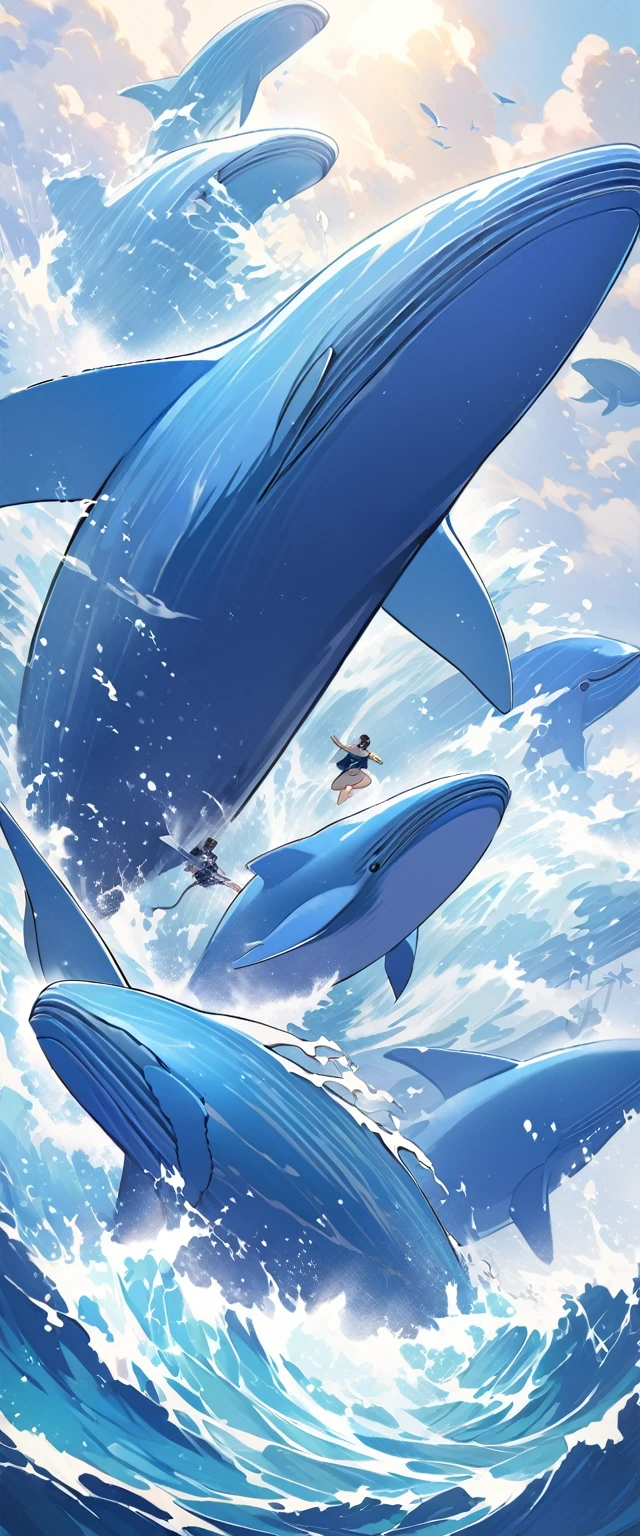 Gentle breezes gather together and become the blue of the sky. Raging waves pile up and become the blue of the sea. If it is filled with our prayers, the blue of hope that all our parents have longed for will be revived. Huge navy blue whale jumping