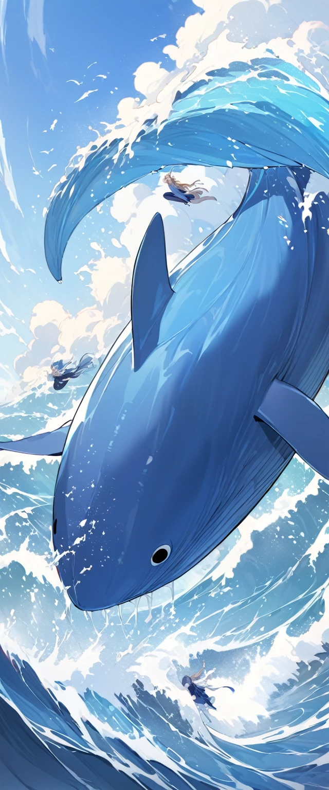 Gentle breezes gather together and become the blue of the sky. Raging waves pile up and become the blue of the sea. If it is filled with our prayers, the blue of hope that all our parents have longed for will be revived. Huge navy blue whale jumping