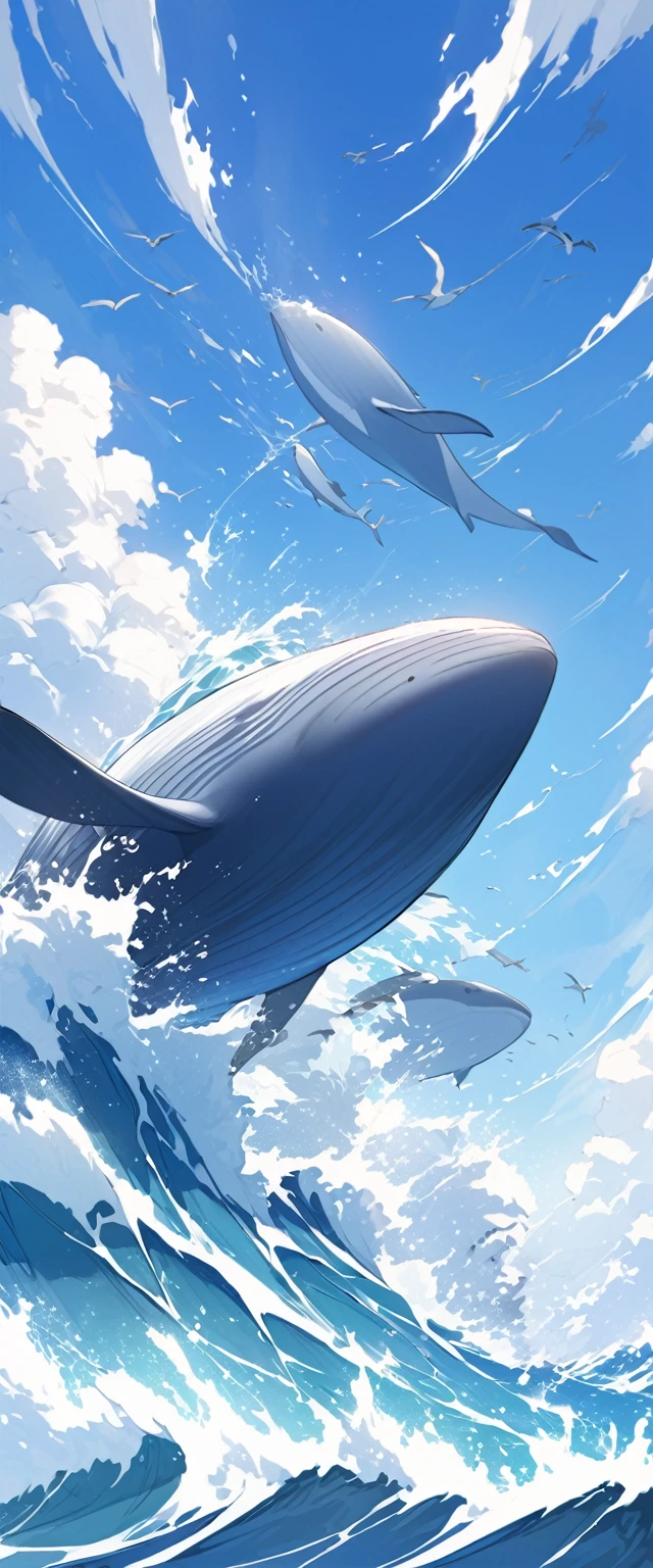 Gentle breezes gather together and become the blue of the sky. Raging waves pile up and become the blue of the sea. If it is filled with our prayers, the blue of hope that all our parents have longed for will be revived.　Huge navy blue whale jumping