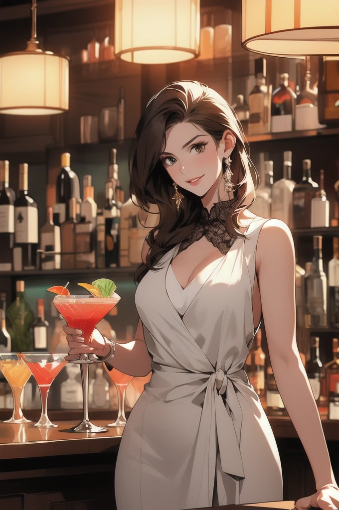 A modern day 20 year old princess with tan skin, dark brown curly hair, beautiful dark brown eyes, and a shy smile at a bar