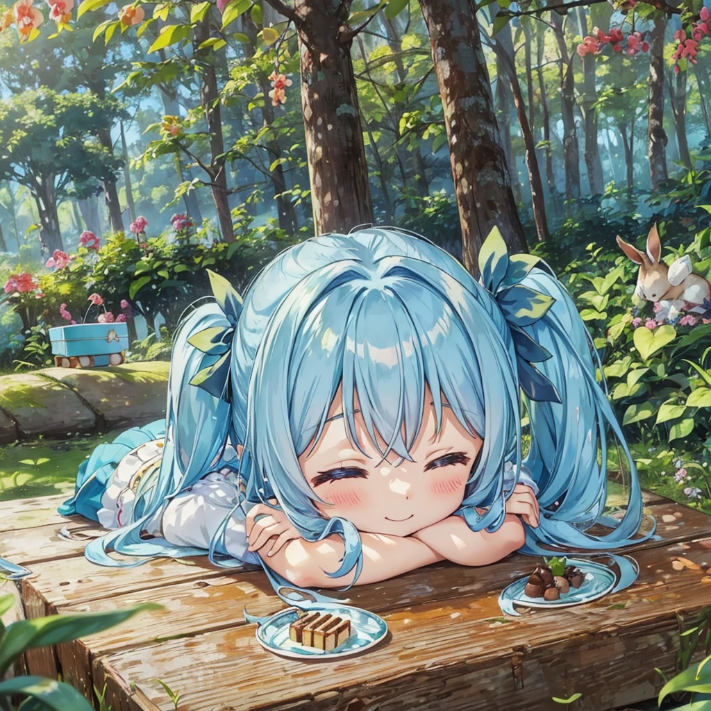 light blue long hair、Beautiful girl with twin tails、blue sky、in the forest、Have a picnic surrounded by orchids in the beautiful orchid garden、Chocolate drinks、Lots of fruit、Bento、There are also many sweets、Same goes for chibi characters..、Rabbit and squirrel forest friends are also with us..、happy smile、cute costume