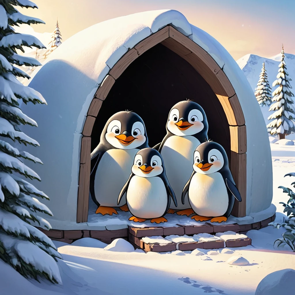 The three penguin children Fridolin, Fips and Frieda jumped out of their cozy igloo full of anticipation. The snow glittered in the sunlight and the day promised lots of fun and adventure