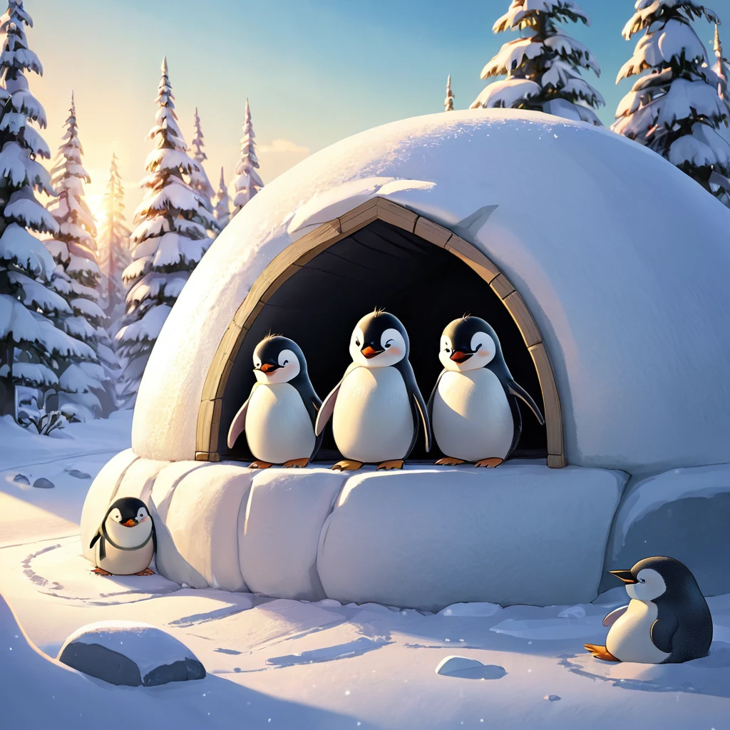 The three penguin children Fridolin, Fips and Frieda jumped out of their cozy igloo full of anticipation. The snow glittered in the sunlight and the day promised lots of fun and adventure