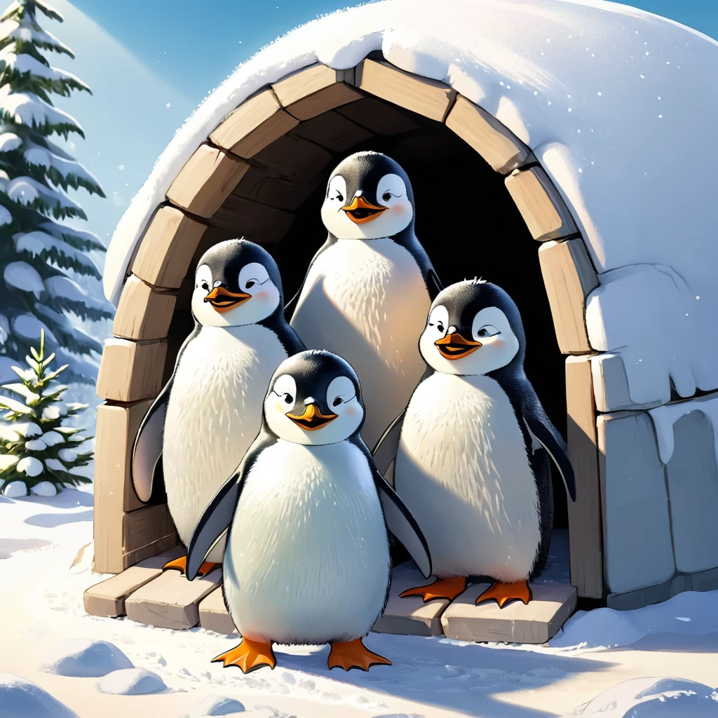  The three penguin children Fridolin, Fips and Frieda jumped out of their cozy igloo full of anticipation. The snow glittered in the sunlight and the day promised lots of fun and adventure